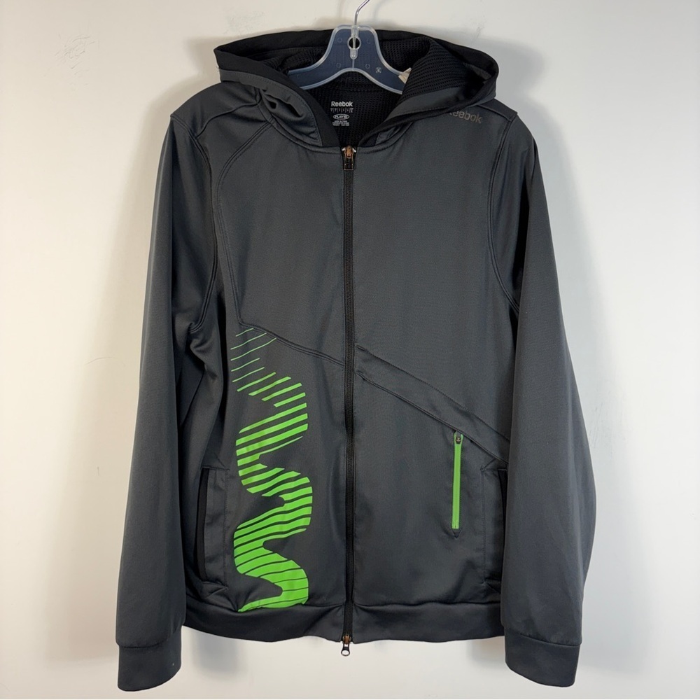 Reebok L Mens Play Dry Full Zip Hoodie Jacket Gray Neon Green